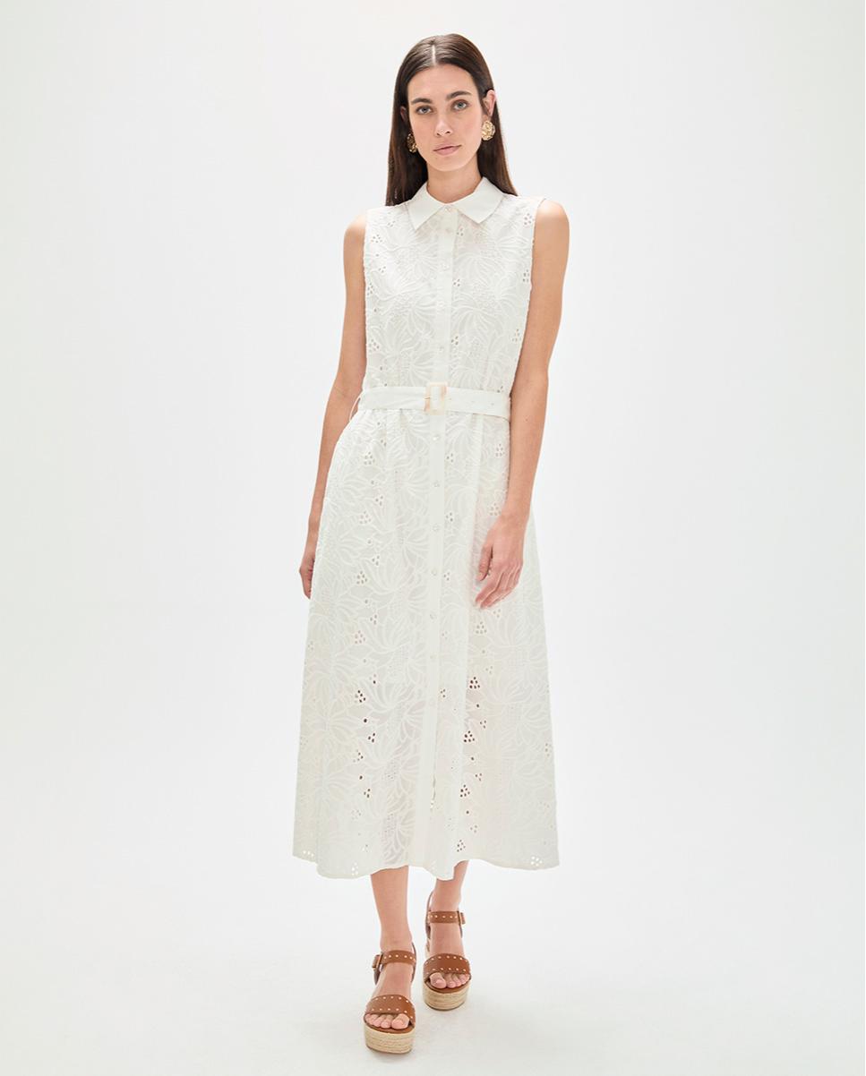 Lola Casademunt - Vestido midi bordado con cuello camisero y cinturón.