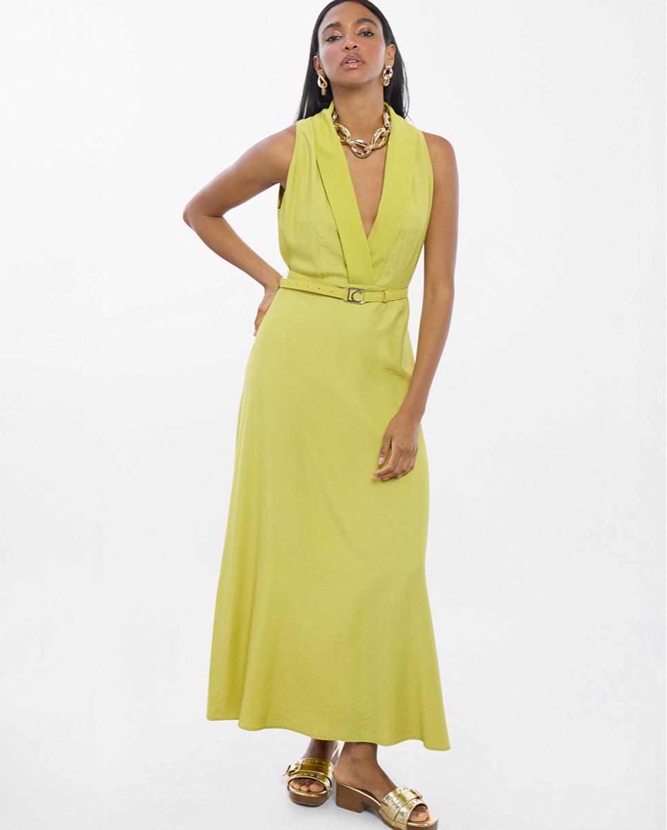 Vestido largo escote pico profundo y cinturilla con hebilla - Lola Casademunt - Pistacho Pistacho-1