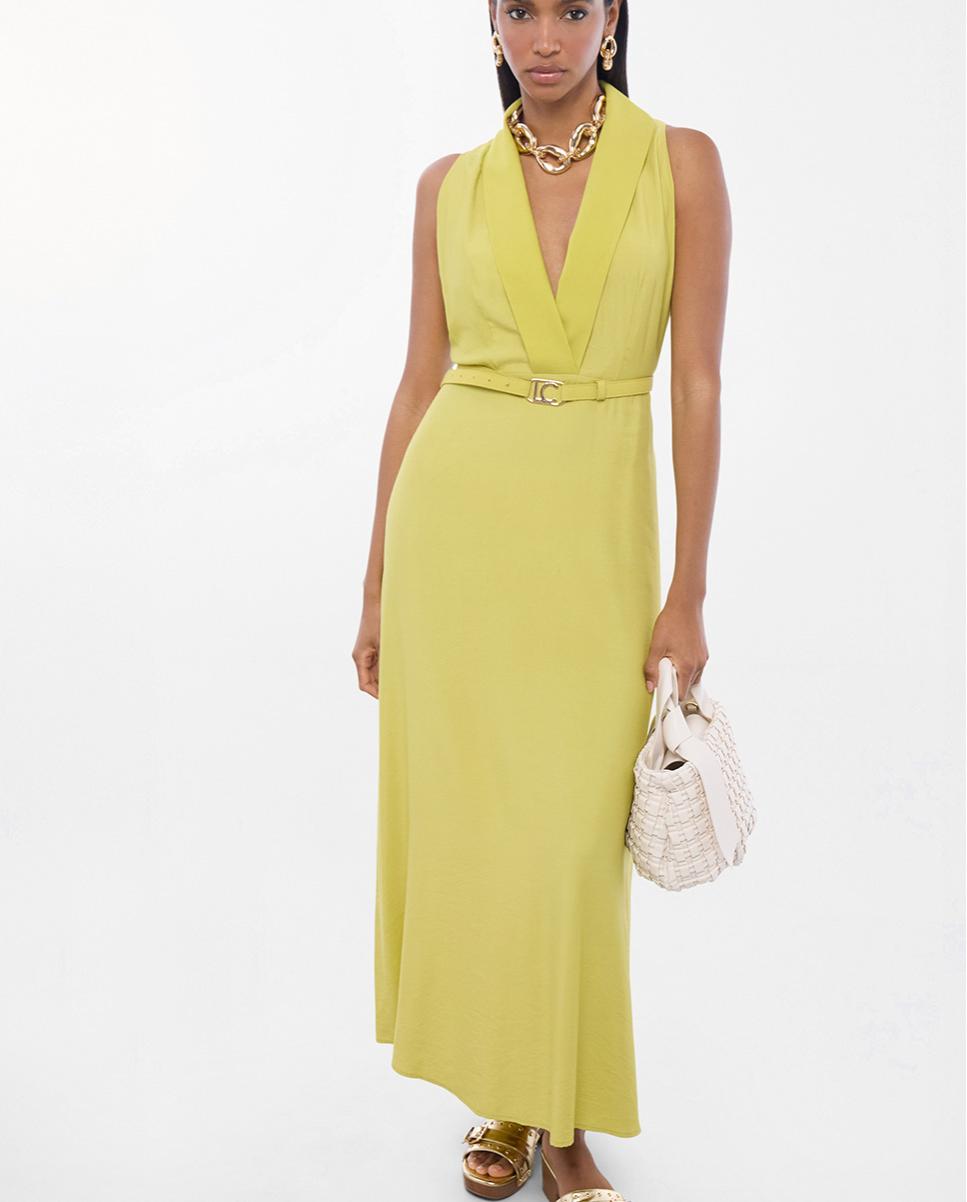 Vestido largo escote pico profundo y cinturilla con hebilla - Lola Casademunt - Pistacho Pistacho-4