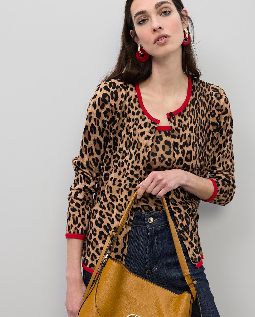 Cárdigan de mujer animal print con rib a contraste - Lola Casademunt - Negro / Natural Negro / Natural-4