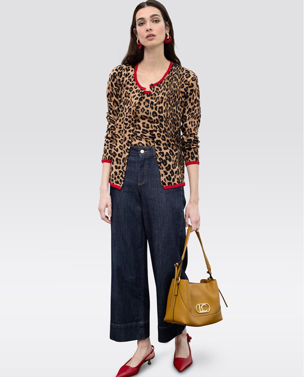 Cárdigan de mujer animal print con rib a contraste - Lola Casademunt - Negro / Natural Negro / Natural-5