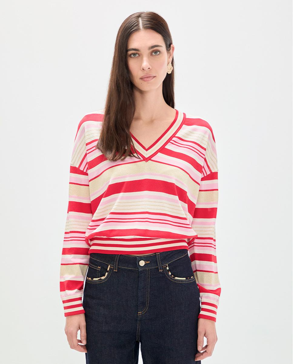 Lola Casademunt - Jersey de mujer con cuello pico a rayas tricolor.