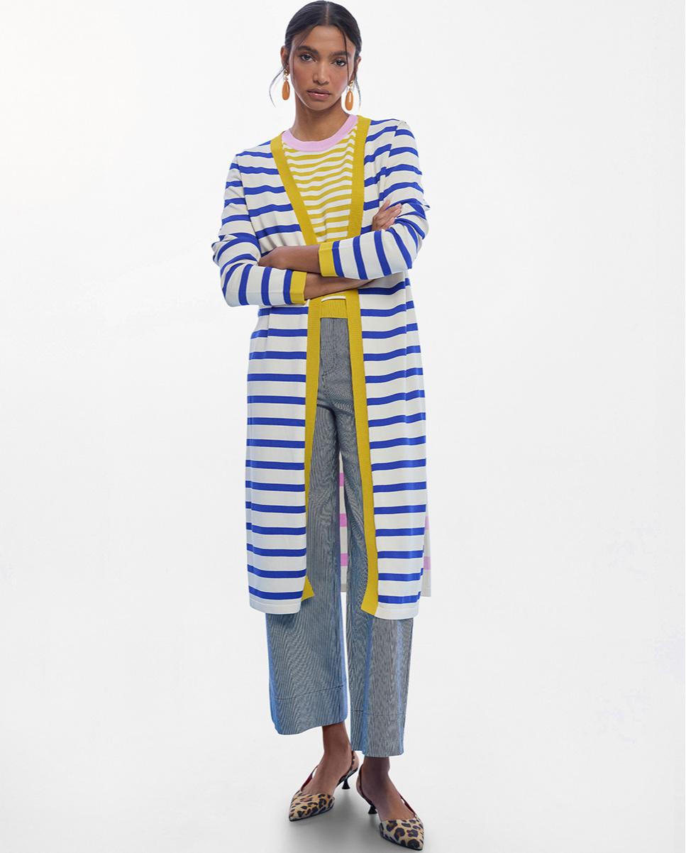 Lola Casademunt - Cárdigan de mujer largo de rayas bicolor rib a contraste.
