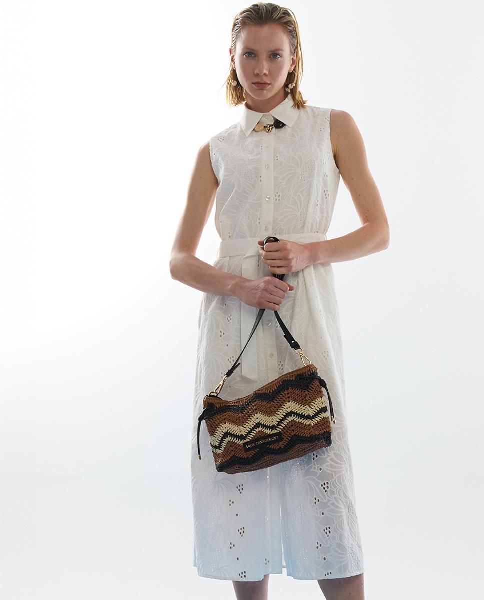 Bandolera de mujer efecto rafia con diseño de espiga y asa ajustable - Lola Casademunt - Negro / Natural Negro / Natural-2