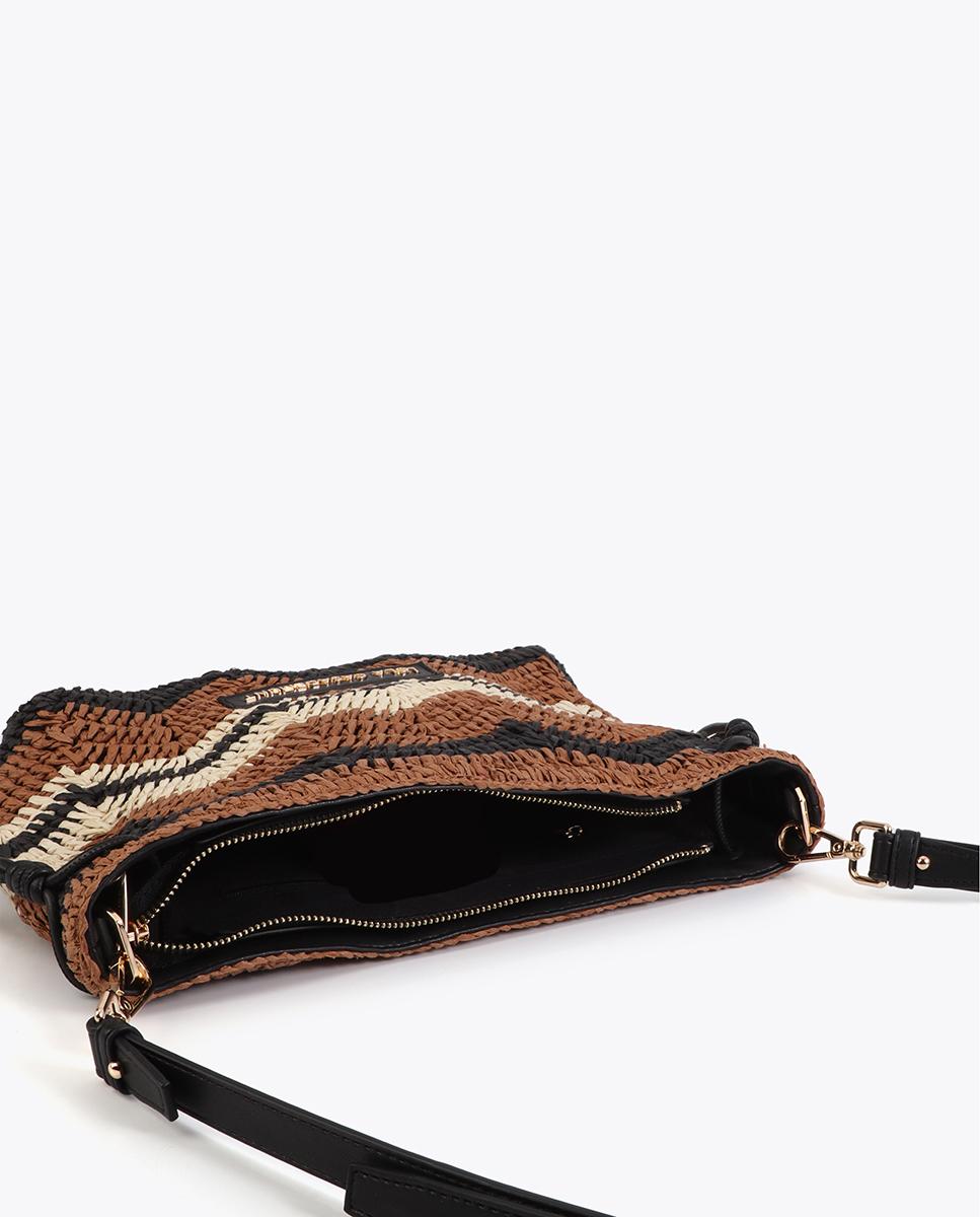 Bandolera de mujer efecto rafia con diseño de espiga y asa ajustable - Lola Casademunt - Negro / Natural Negro / Natural-5