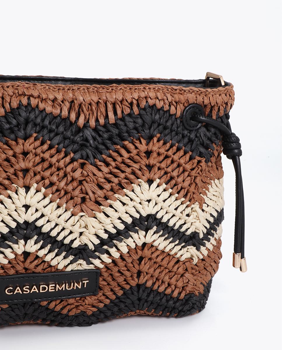 Bandolera de mujer efecto rafia con diseño de espiga y asa ajustable - Lola Casademunt - Negro / Natural Negro / Natural-6