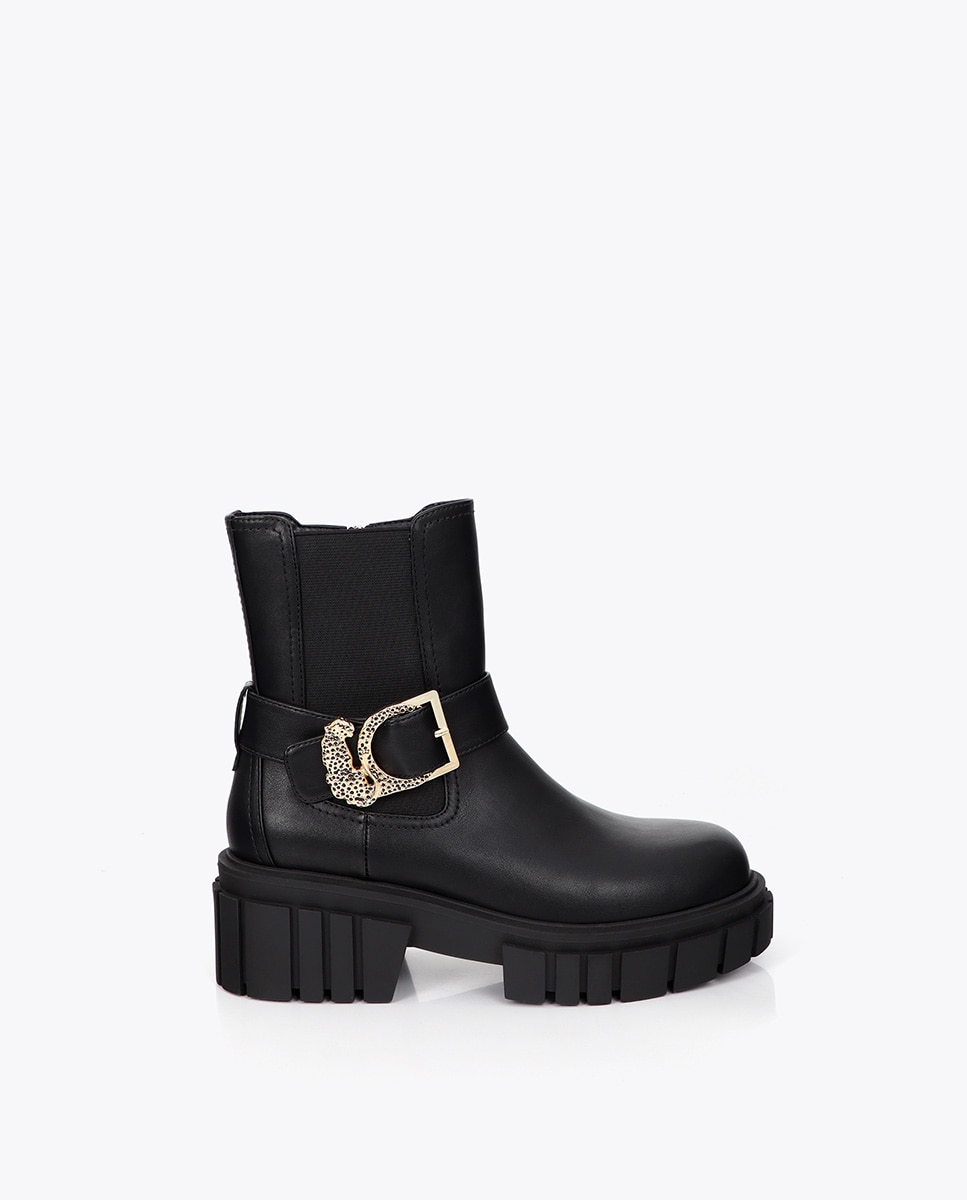 Botines suela track de mujer con detalle de tira y hebilla leopardo - Lola Casademunt - Negro Negro-1