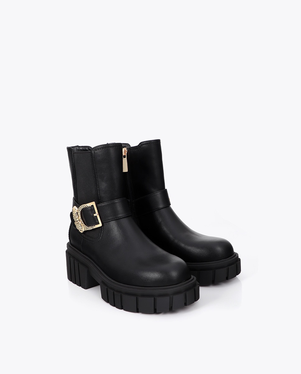 Botines suela track de mujer con detalle de tira y hebilla leopardo - Lola Casademunt - Negro Negro-3