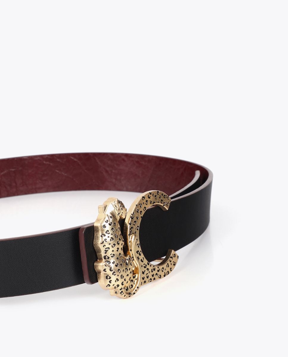 Cinturón reversible color BURDEOS texturizado con hebilla LC leopardo - Lola Casademunt - Negro Negro-3