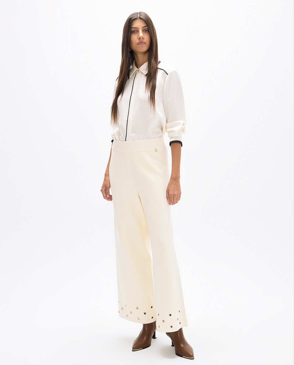 Pantalón de punto de mujer ancho ojetes en bajo - Lola Casademunt - Crudo Crudo-1