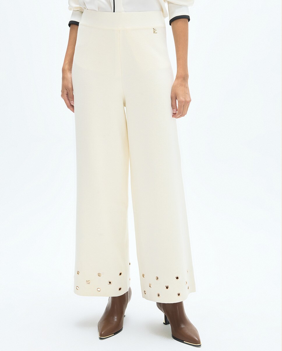Pantalón de punto de mujer ancho ojetes en bajo - Lola Casademunt - Crudo Crudo-2