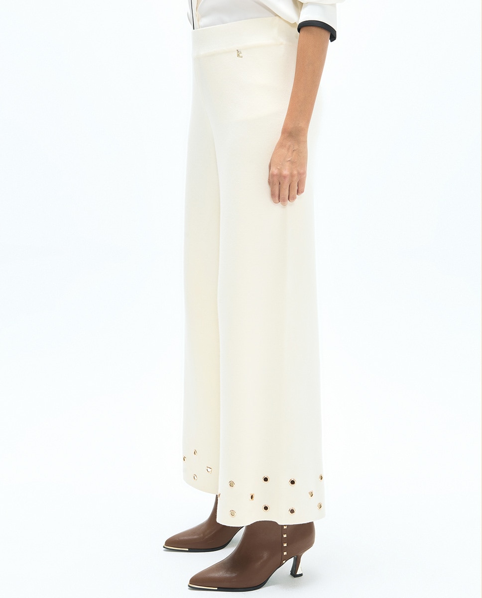 Pantalón de punto de mujer ancho ojetes en bajo - Lola Casademunt - Crudo Crudo-3
