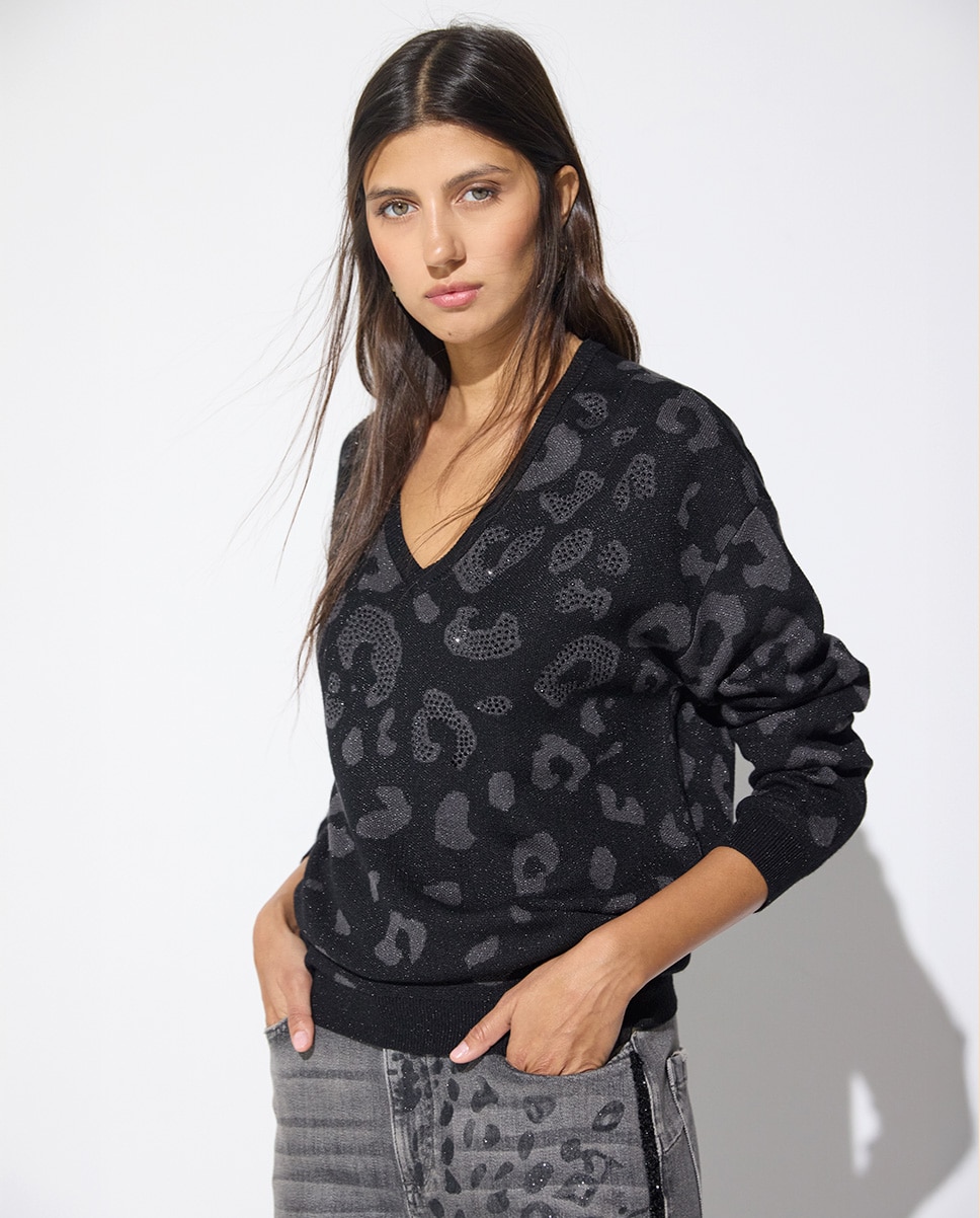 Jersey de mujer animal print cuello pico - Lola Casademunt - Negro Negro-1