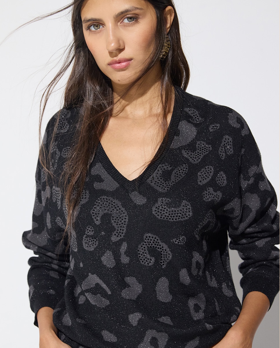 Jersey de mujer animal print cuello pico - Lola Casademunt - Negro Negro-2