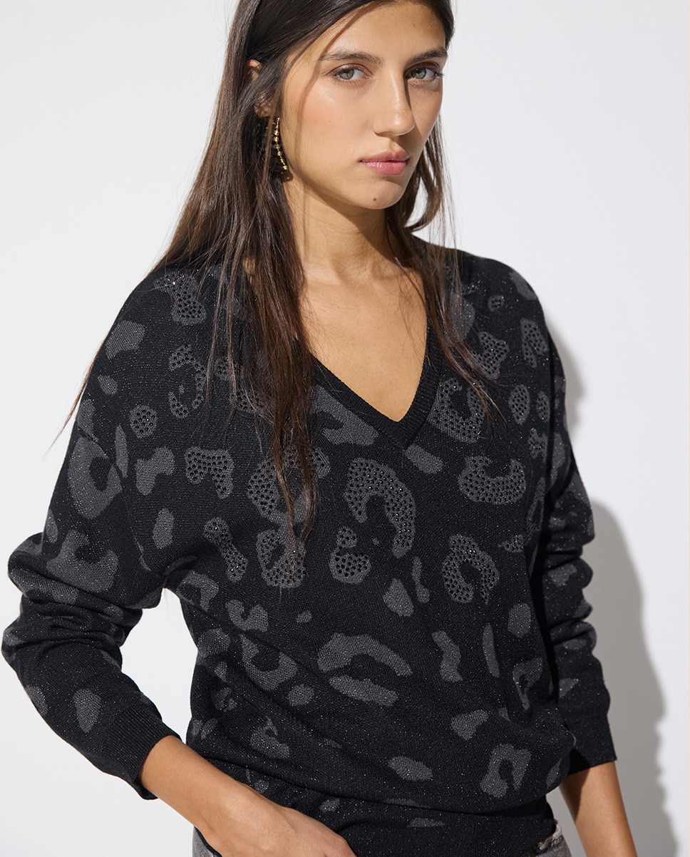 Jersey de mujer animal print cuello pico - Lola Casademunt - Negro Negro-3