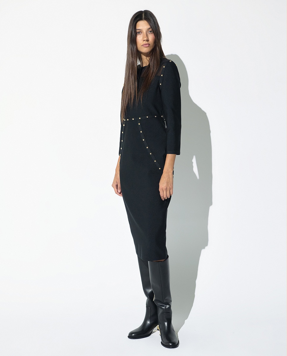 Vestido midi fit recto de manga larga con tachas - Lola Casademunt - Negro Negro-1