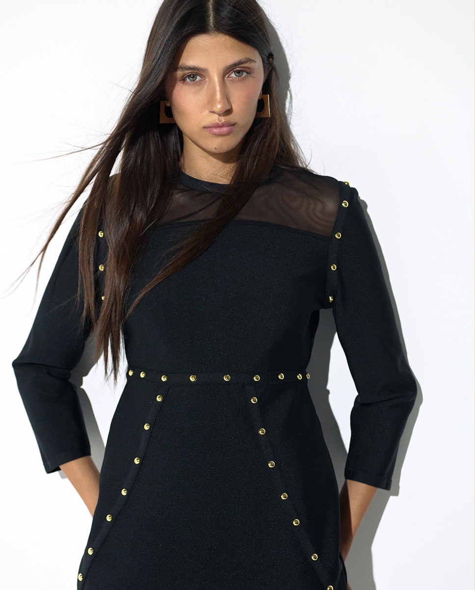 Vestido midi fit recto de manga larga con tachas - Lola Casademunt - Negro Negro-2