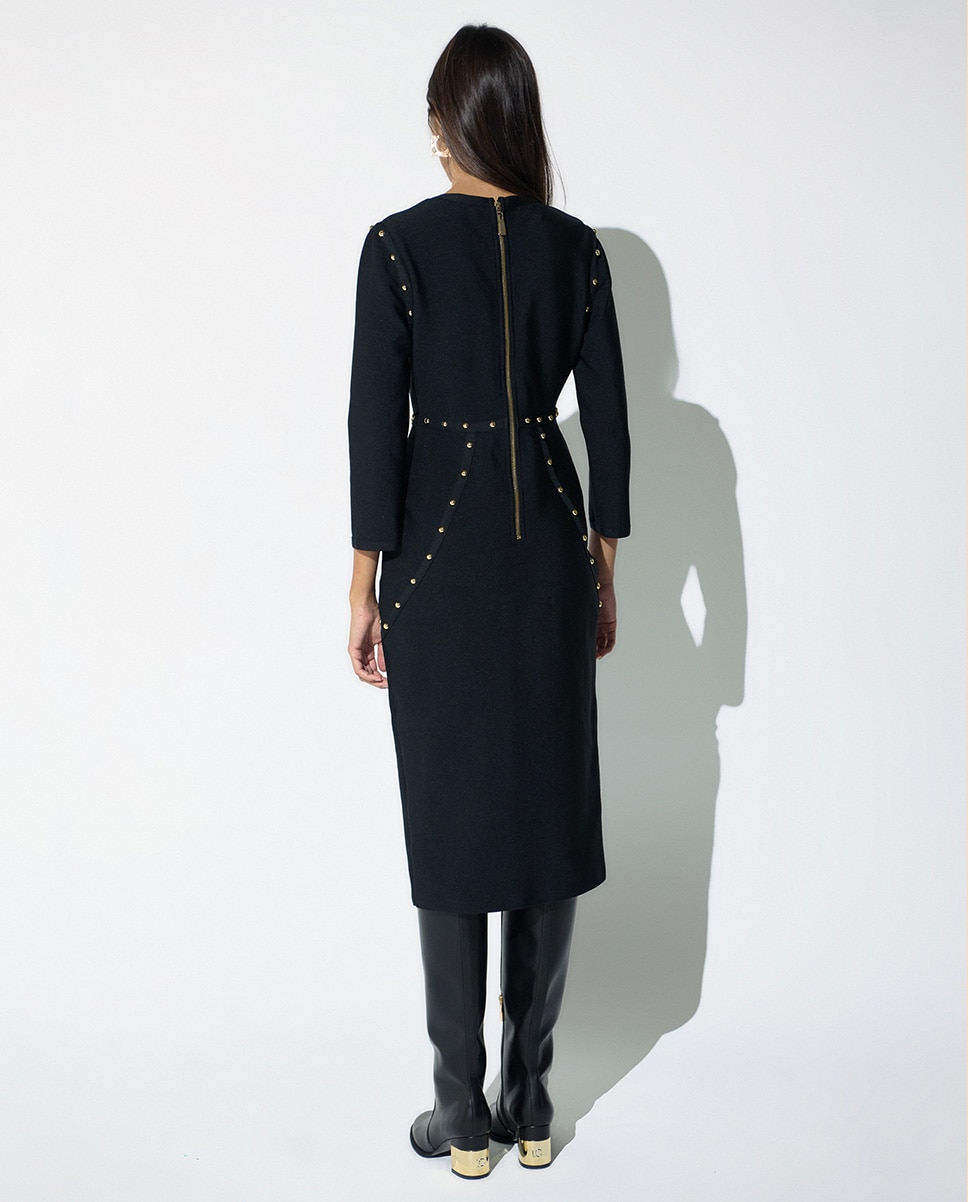 Vestido midi fit recto de manga larga con tachas - Lola Casademunt - Negro Negro-4