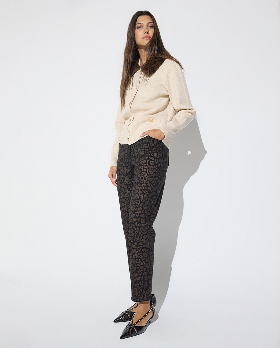 Pantalón recto de mujer elástico estampado leopardo - Lola Casademunt - Marrón oscuro Marrón oscuro-1