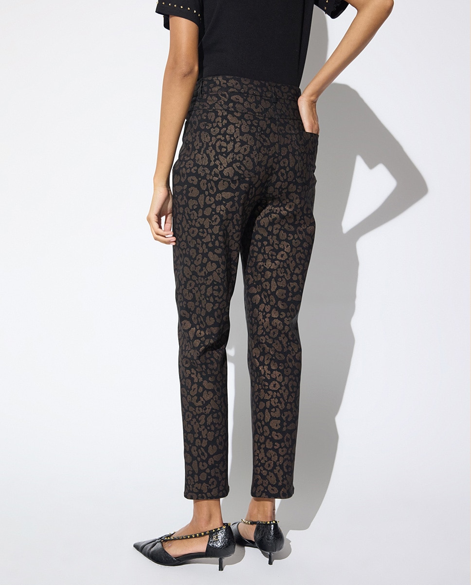Pantalón recto de mujer elástico estampado leopardo - Lola Casademunt - Marrón oscuro Marrón oscuro-4