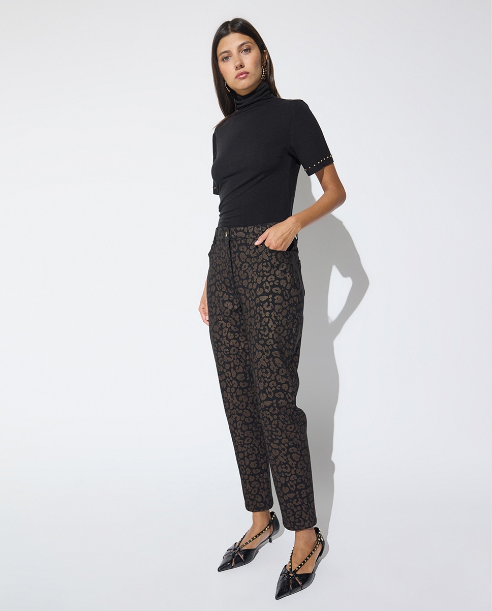 Pantalón recto de mujer elástico estampado leopardo - Lola Casademunt - Marrón oscuro Marrón oscuro-5