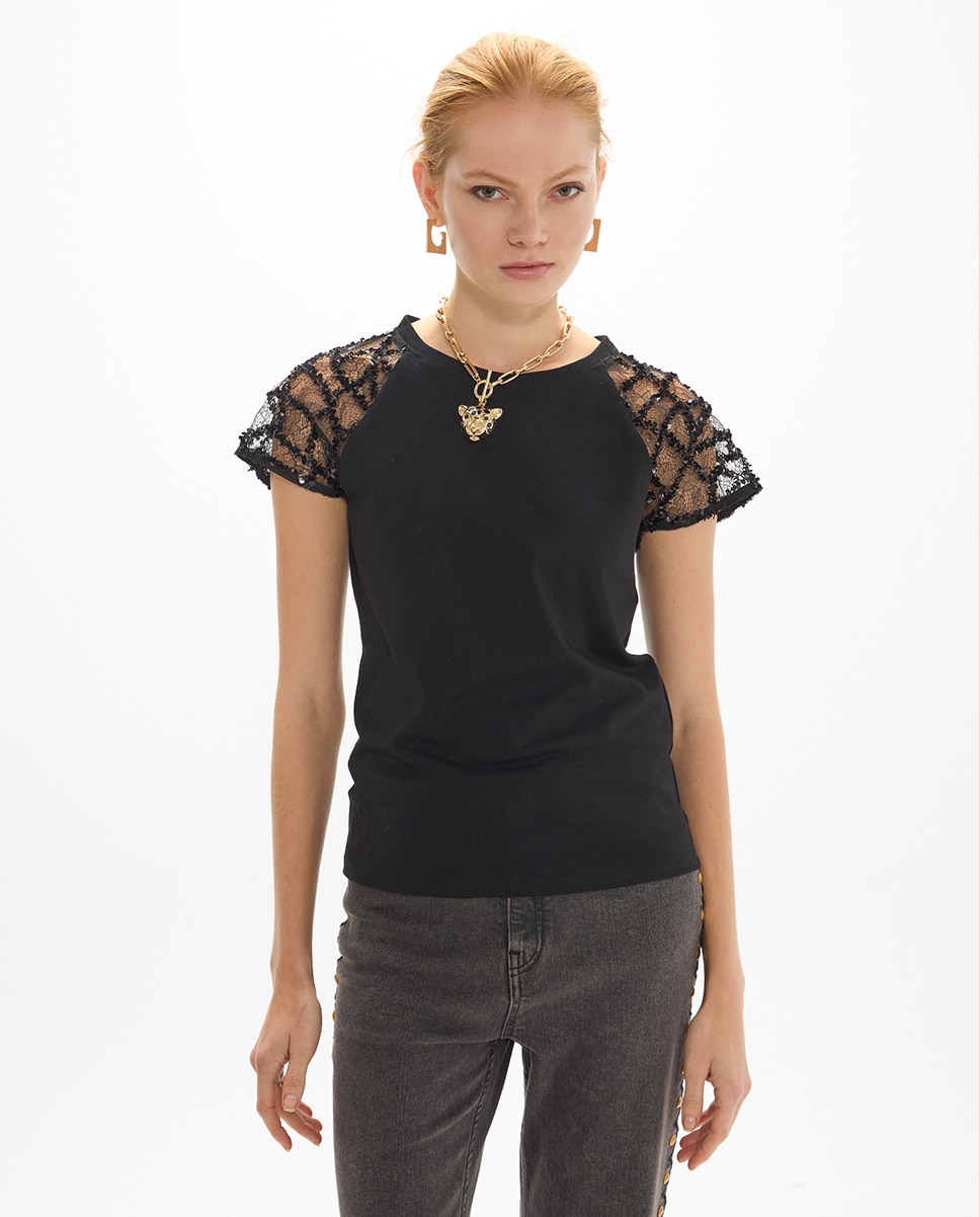 Camiseta de mujer entallada con manga raglan en tejido phoebe araña - Lola Casademunt - Negro Negro-1