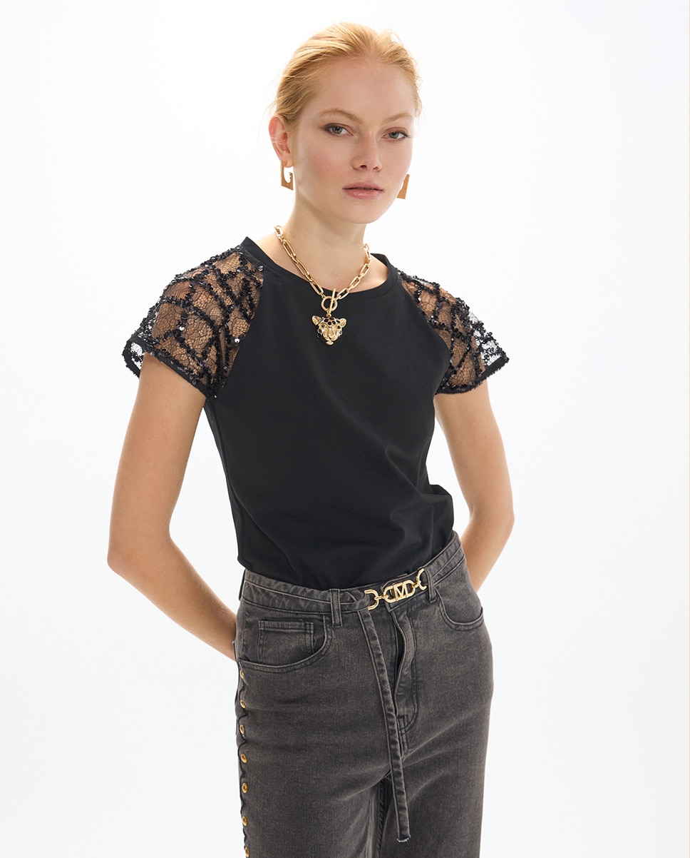 Camiseta de mujer entallada con manga raglan en tejido phoebe araña - Lola Casademunt - Negro Negro-2