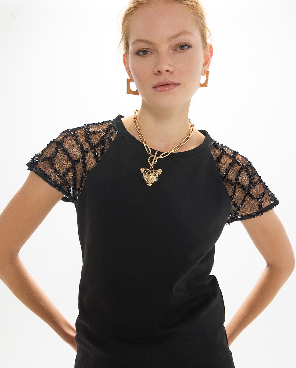 Camiseta de mujer entallada con manga raglan en tejido phoebe araña - Lola Casademunt - Negro Negro-3