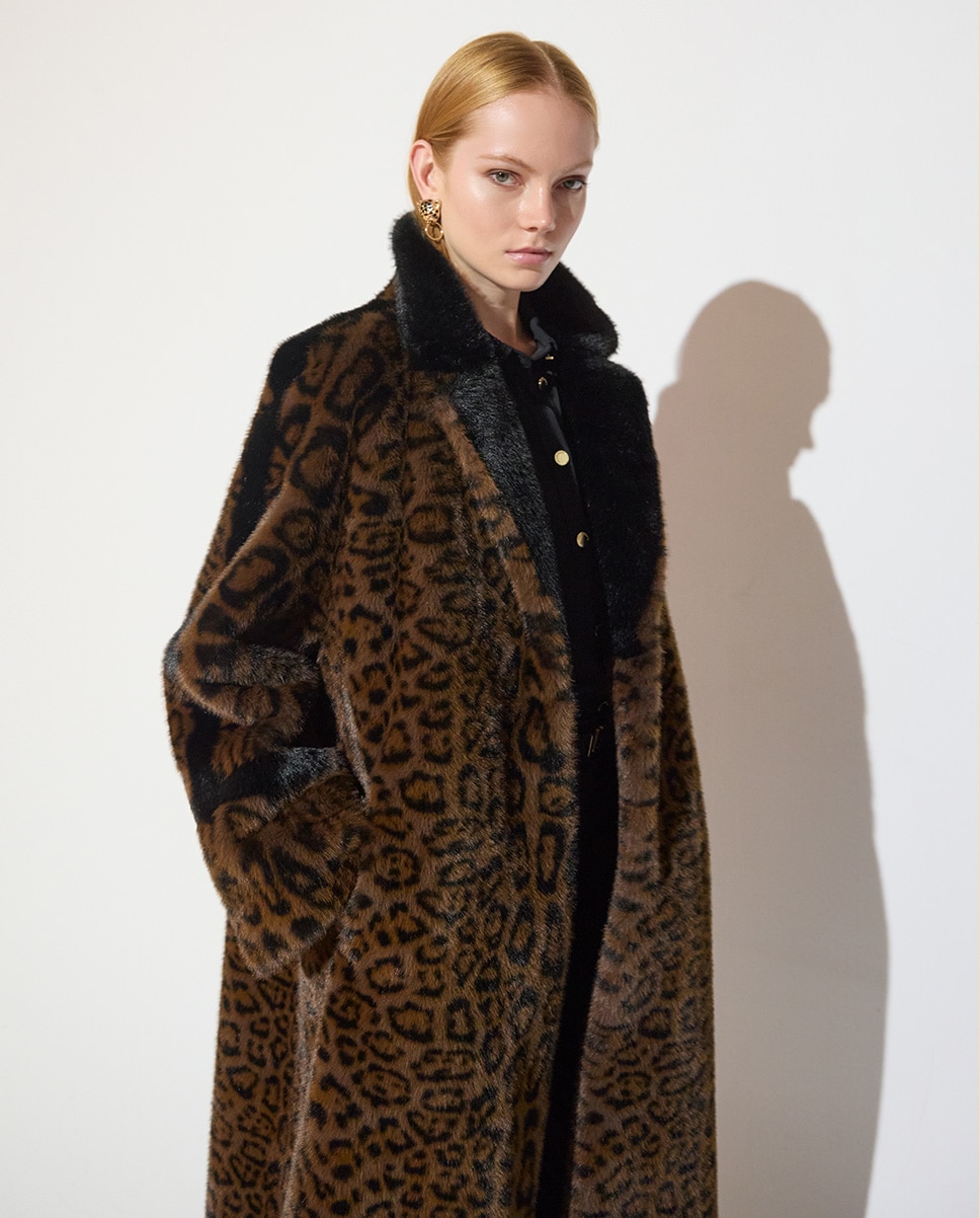 Abrigo de pelo de mujer largo estampado leopardo - Lola Casademunt - Marrón Marrón-2