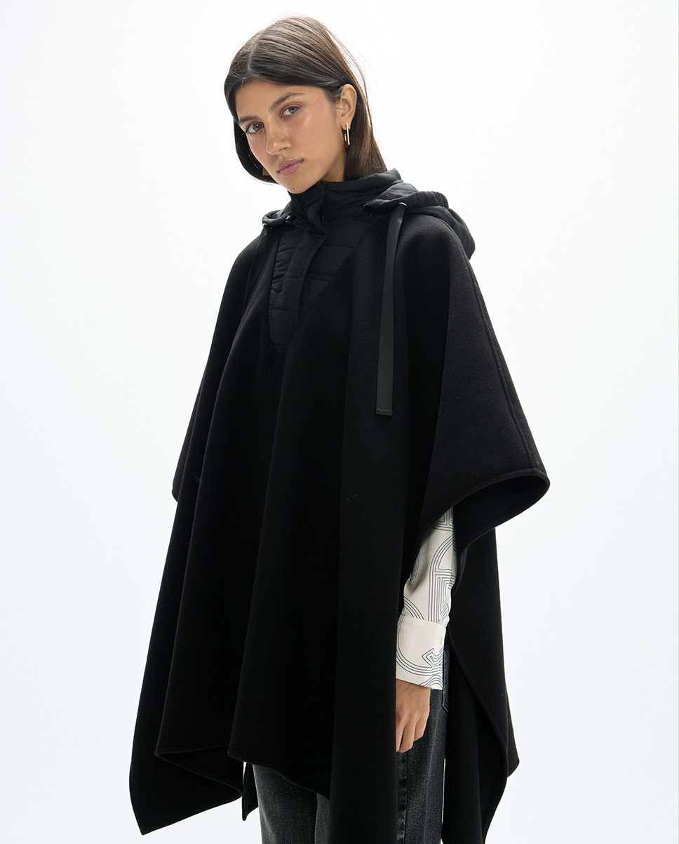 Poncho de mujer de paño con cuello combinado nylon - Lola Casademunt - Negro Negro-1