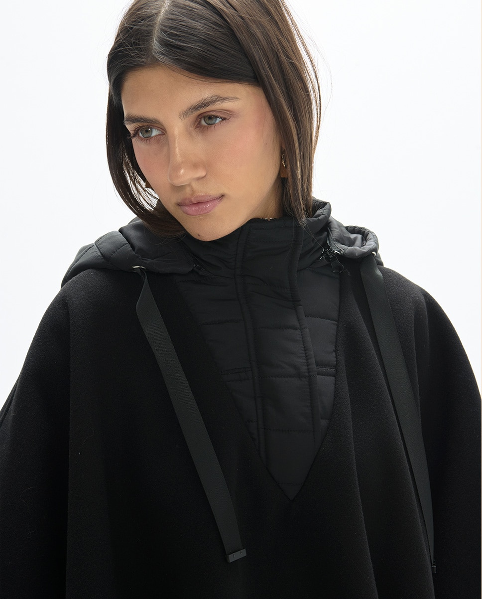 Poncho de mujer de paño con cuello combinado nylon - Lola Casademunt - Negro Negro-3