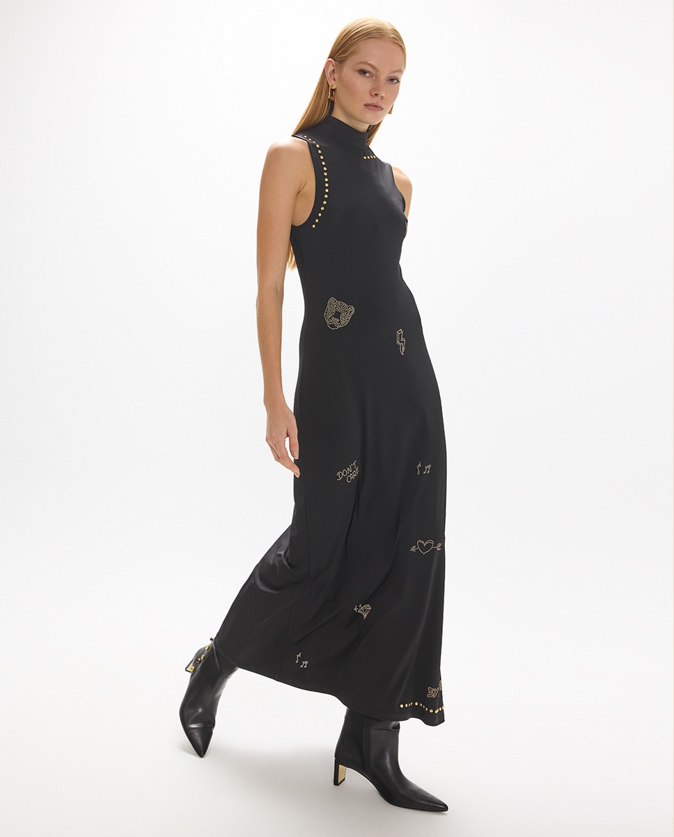 Vestido largo circular sin mangas con detalle strass - Lola Casademunt - Negro Negro-1