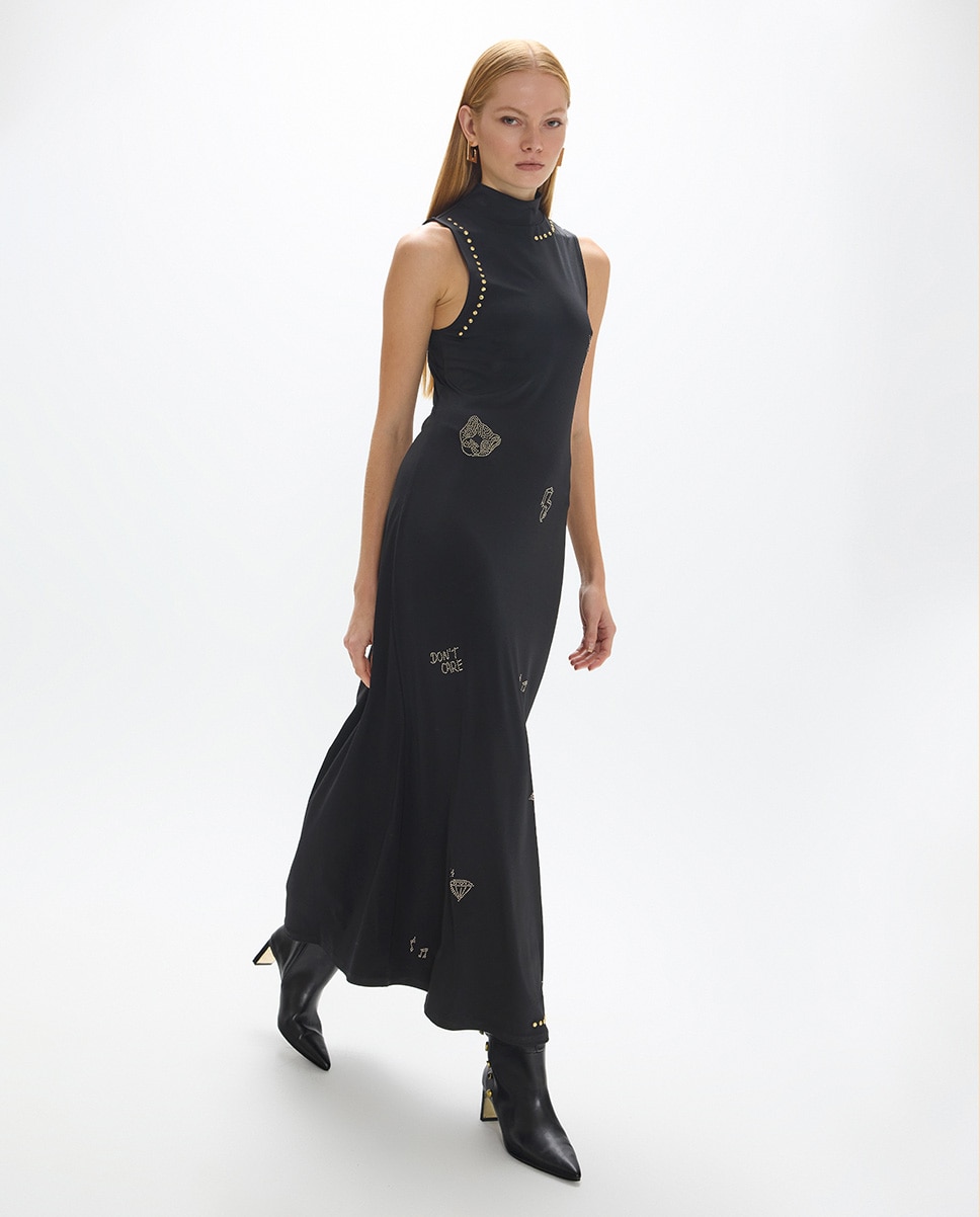 Vestido largo circular sin mangas con detalle strass - Lola Casademunt - Negro Negro-5