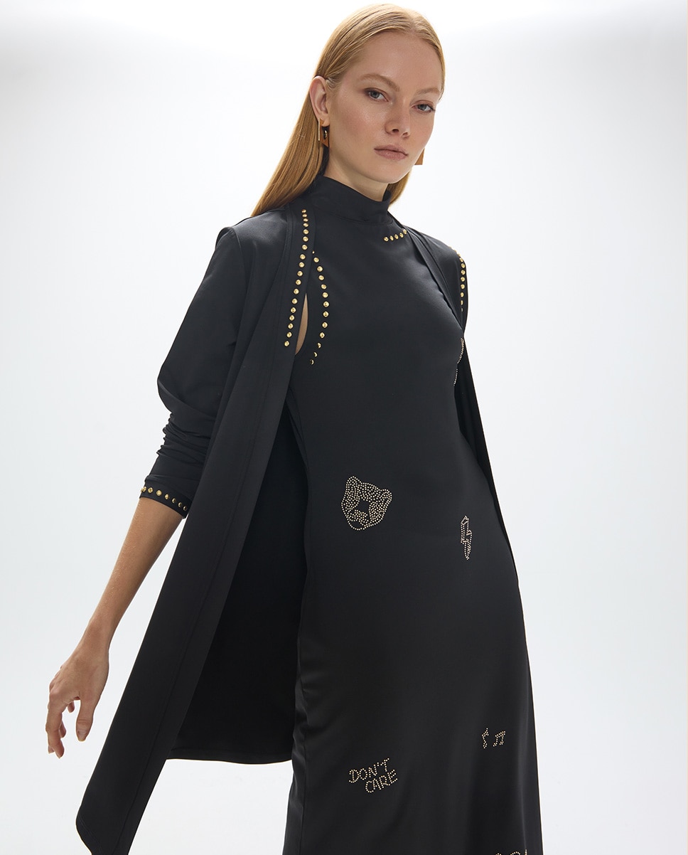 Imagen 0 de Cárdigan de mujer largo con detalles strass dorados Negro