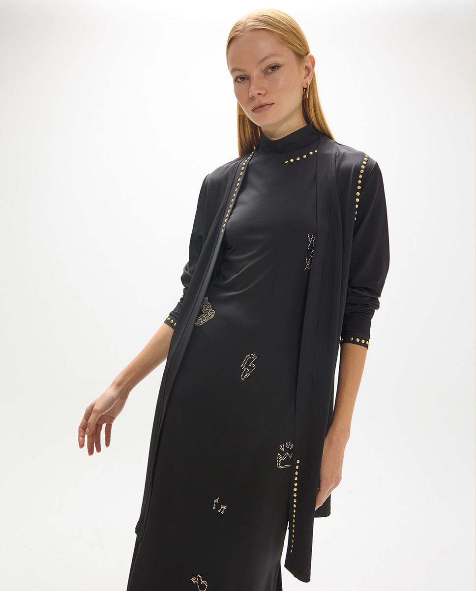Cárdigan de mujer largo con detalles strass dorados - Lola Casademunt - Negro Negro-2
