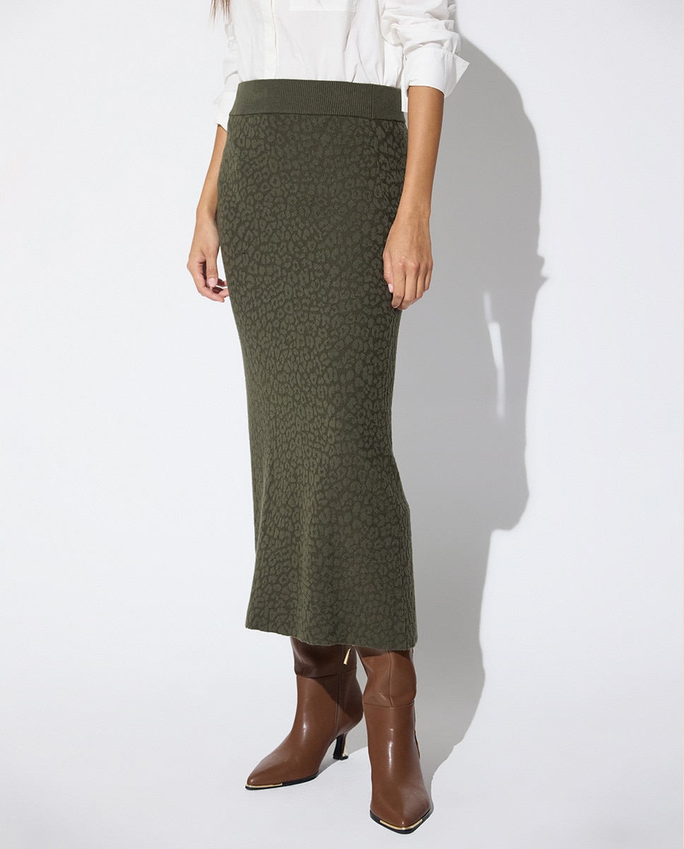 Falda midi jacquard leopardo - Lola Casademunt - Verde militar Verde militar-2