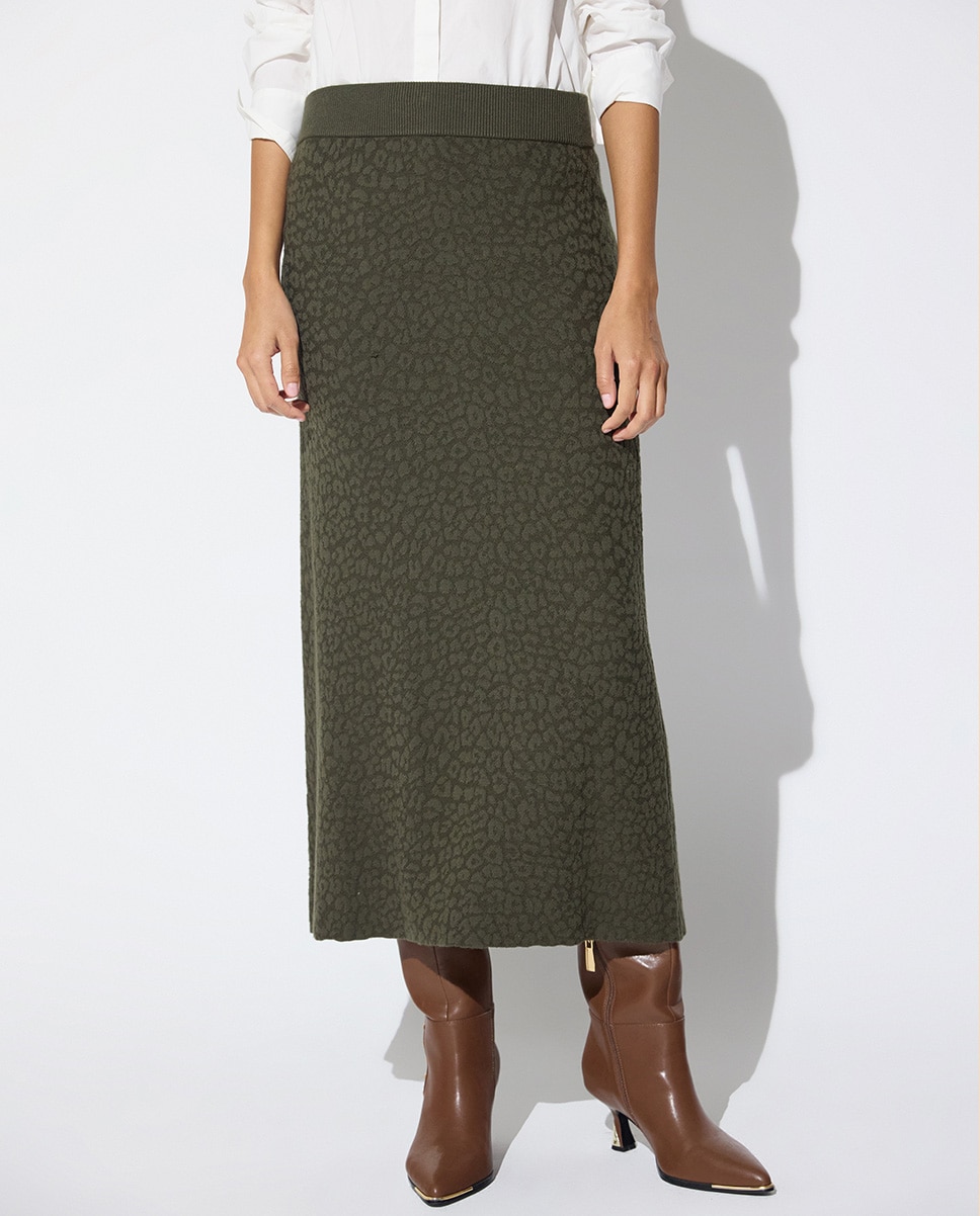 Falda midi jacquard leopardo - Lola Casademunt - Verde militar Verde militar-3