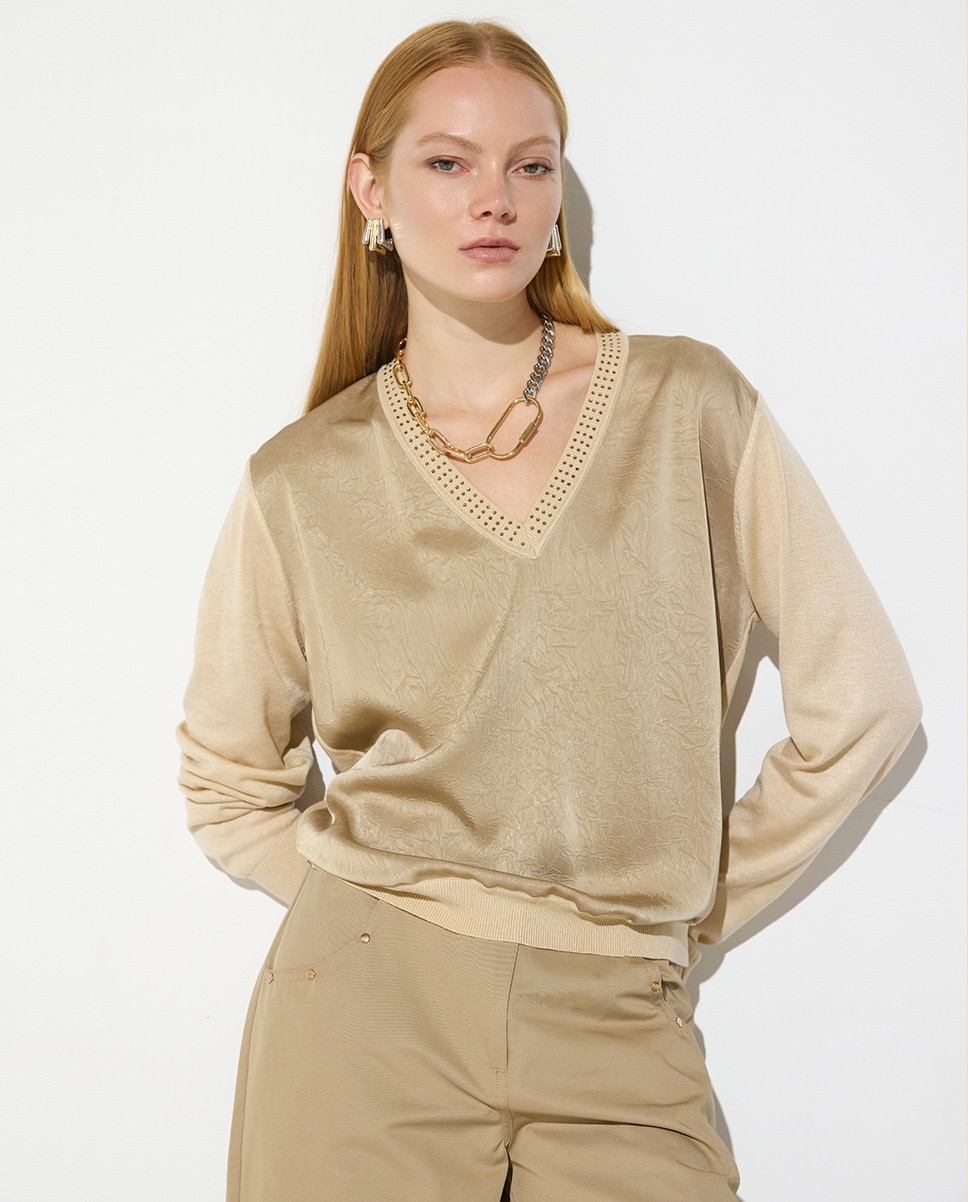 Jersey de mujer bimateria delantero cristales - Lola Casademunt - Natural Natural-1
