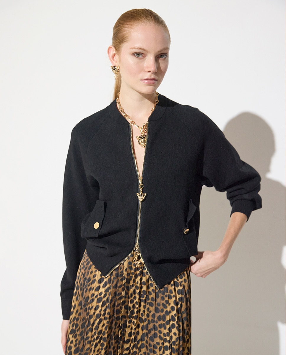 Cazadora bomber de mujer tricot cremallera leopardo - Lola Casademunt - Negro Negro-1