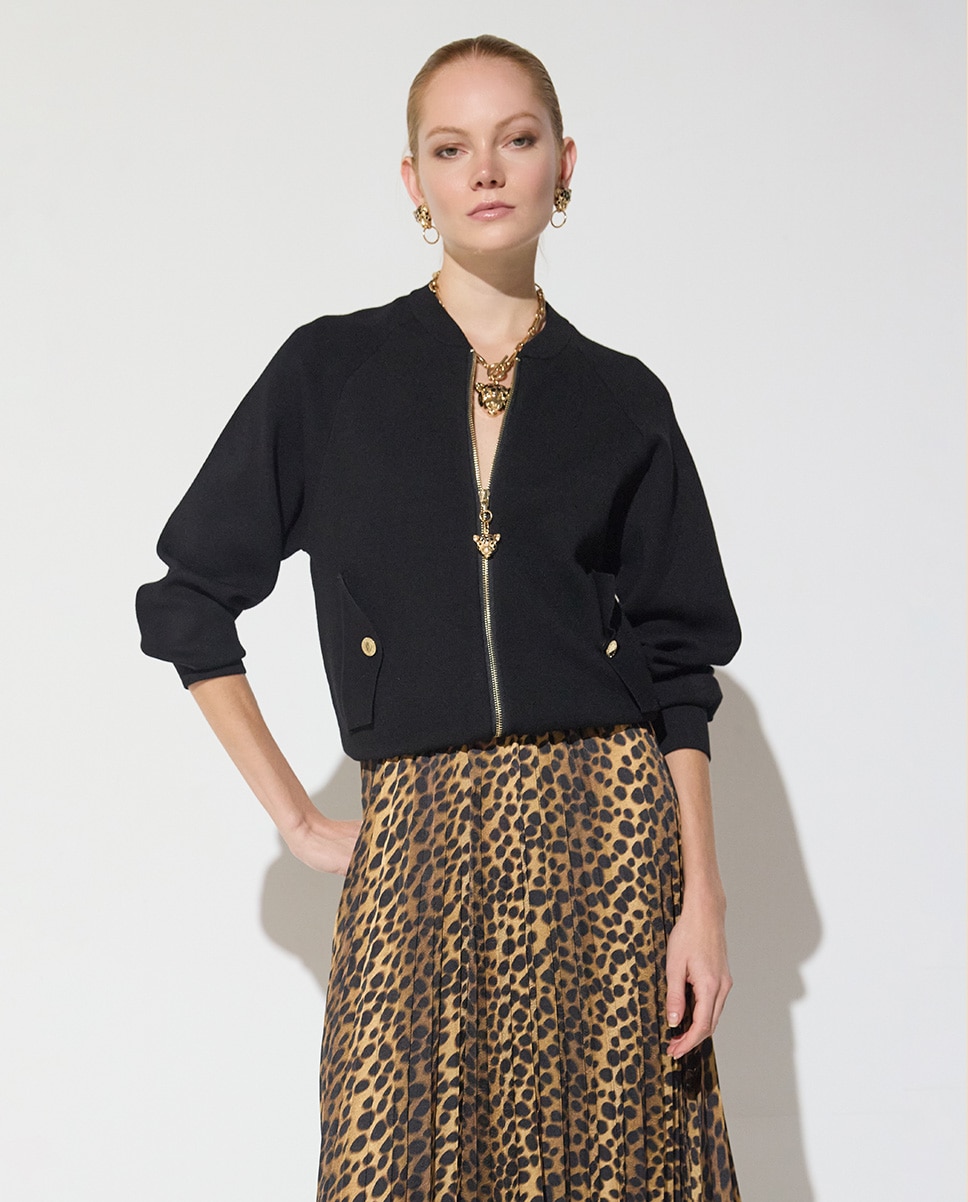 Cazadora bomber de mujer tricot cremallera leopardo - Lola Casademunt - Negro Negro-2