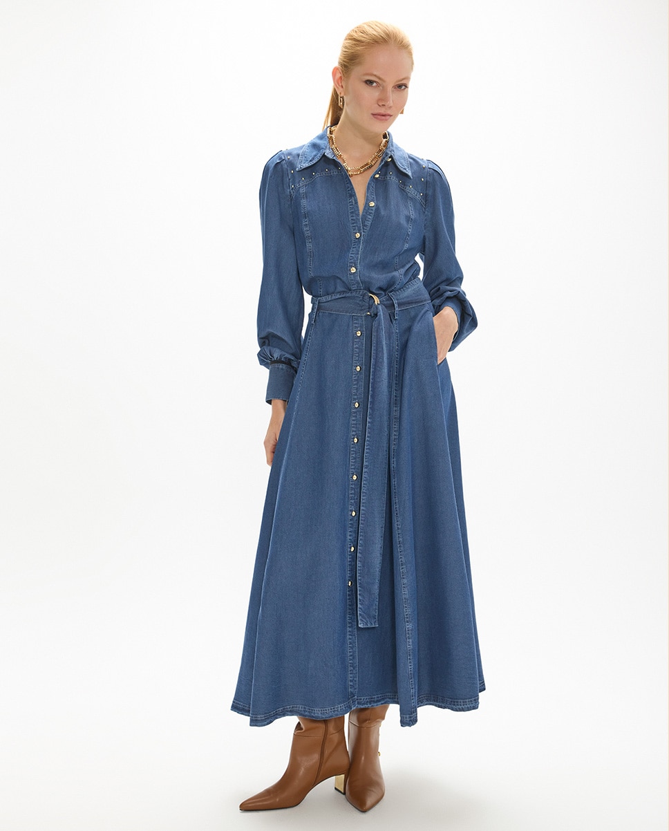 Vestido midi tejano con mangas abullonadas - Lola Casademunt - Azul denim Azul denim-1