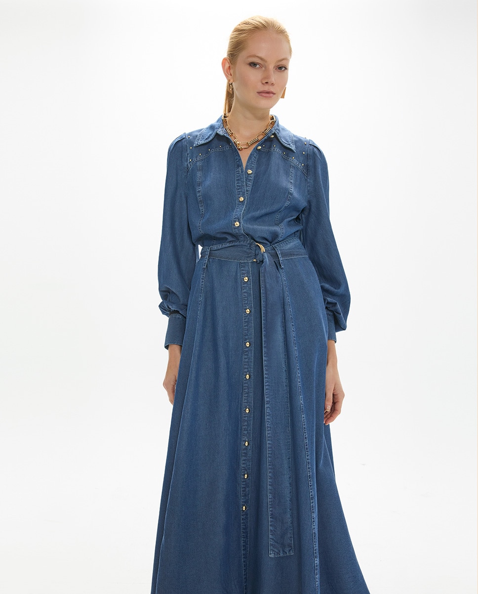 Vestido midi tejano con mangas abullonadas - Lola Casademunt - Azul denim Azul denim-2
