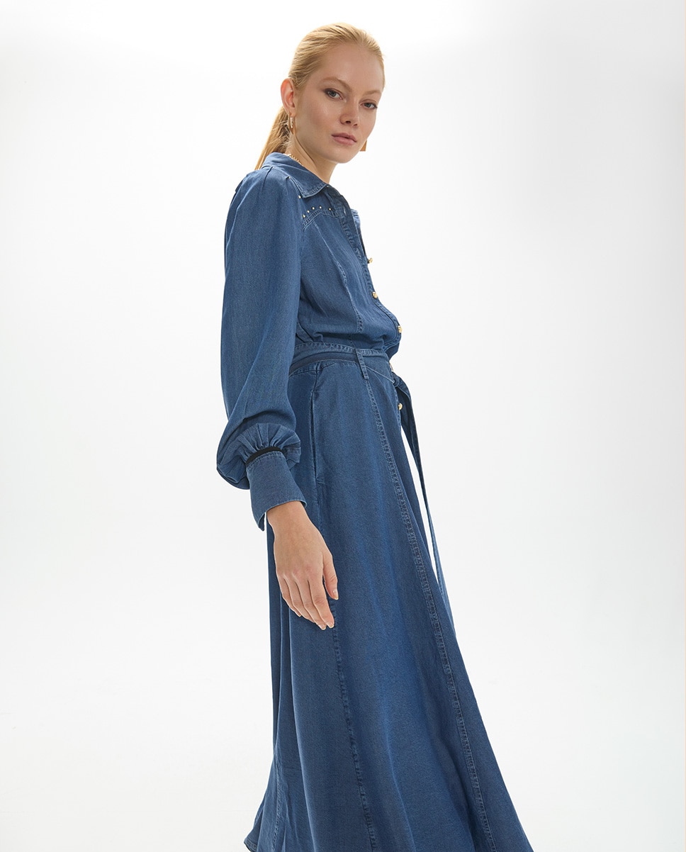 Vestido midi tejano con mangas abullonadas - Lola Casademunt - Azul denim Azul denim-3