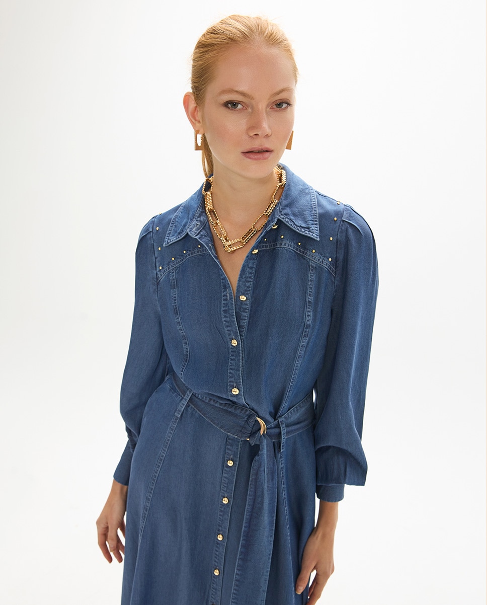 Vestido midi tejano con mangas abullonadas - Lola Casademunt - Azul denim Azul denim-4