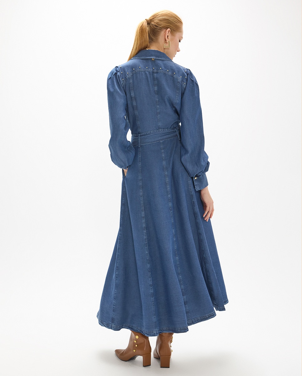 Vestido midi tejano con mangas abullonadas - Lola Casademunt - Azul denim Azul denim-5