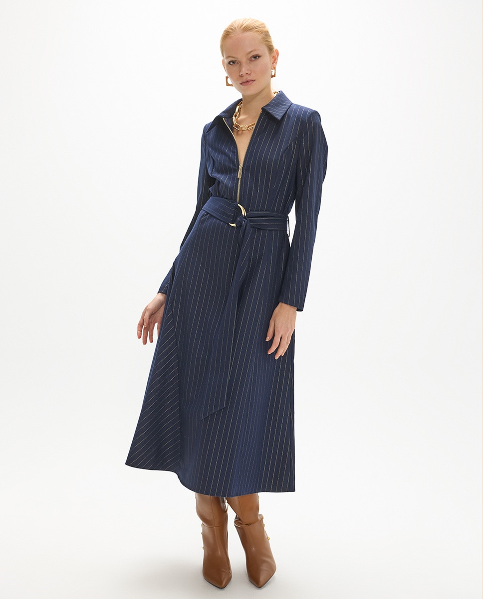Vestido midi raya diplomática con cremallera y cinturón buckle dorado - Lola Casademunt - Azul oscuro Azul oscuro-1