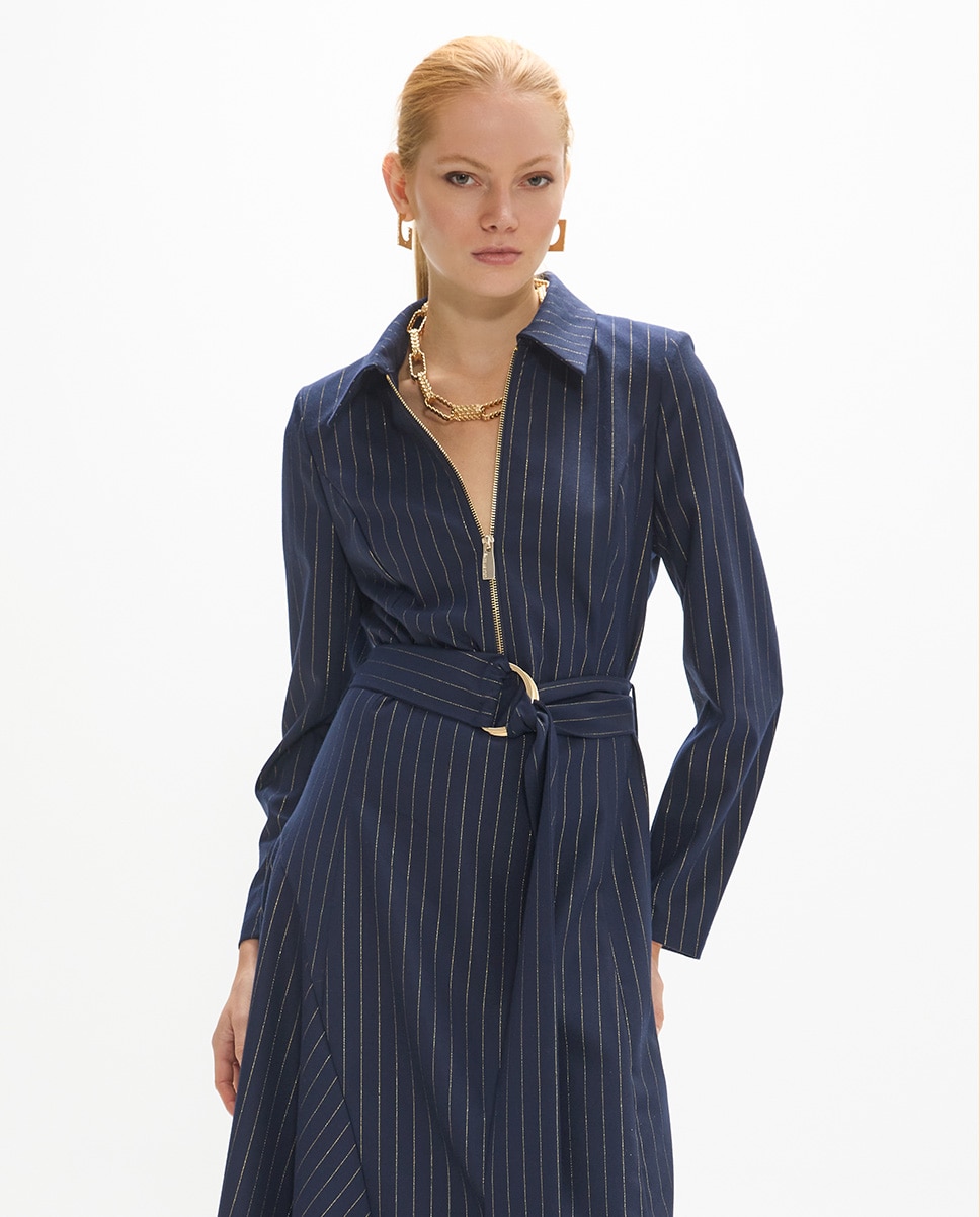 Vestido midi raya diplomática con cremallera y cinturón buckle dorado - Lola Casademunt - Azul oscuro Azul oscuro-2