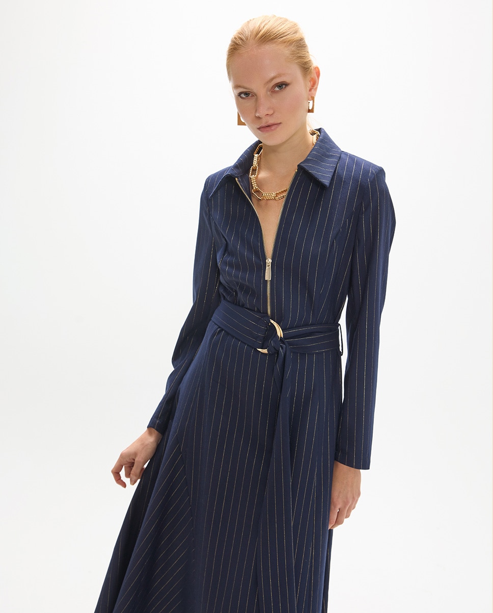 Vestido midi raya diplomática con cremallera y cinturón buckle dorado - Lola Casademunt - Azul oscuro Azul oscuro-3