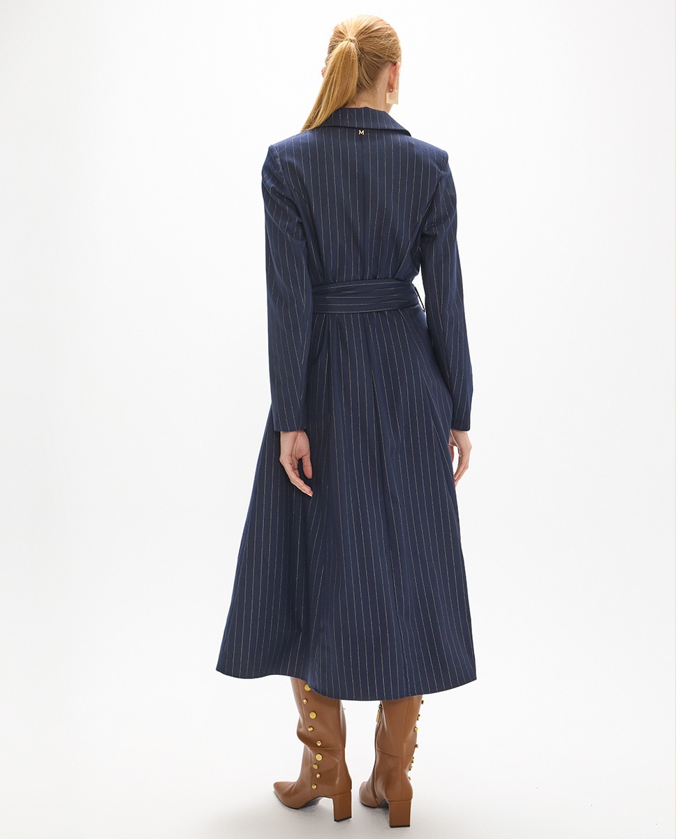 Vestido midi raya diplomática con cremallera y cinturón buckle dorado - Lola Casademunt - Azul oscuro Azul oscuro-4