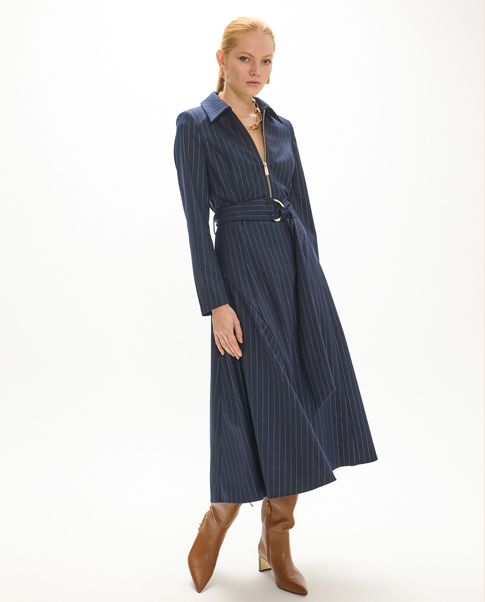 Vestido midi raya diplomática con cremallera y cinturón buckle dorado - Lola Casademunt - Azul oscuro Azul oscuro-5